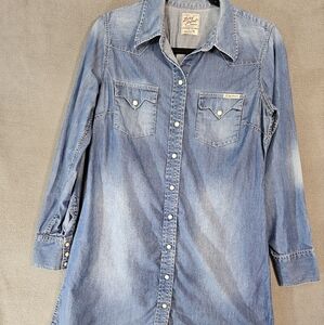 Lucky Brand Y2K Dungarees Women Medium Mini Jean Dress Snap Button Coyboy Carter